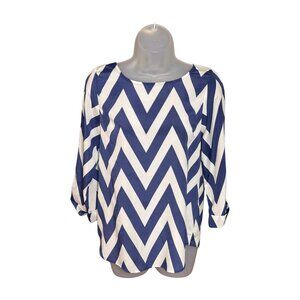 Dina Be Chevron Striped Blouse 3/4 Cuffed Sleeve Semi Sheer Blue White Size S